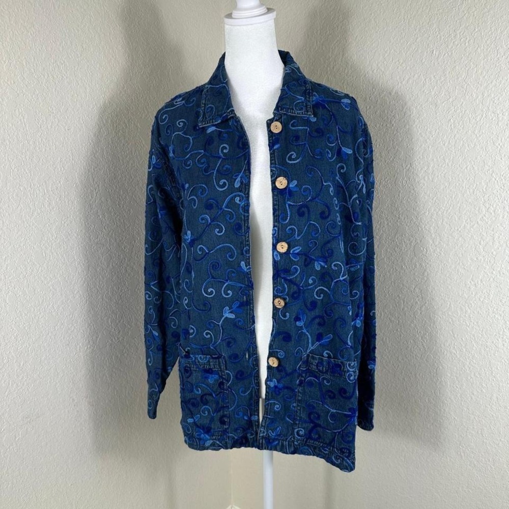 April Cornell Denim Jacket‎ Womens XL Blue Embroidered Boho Cottagecore Artistic